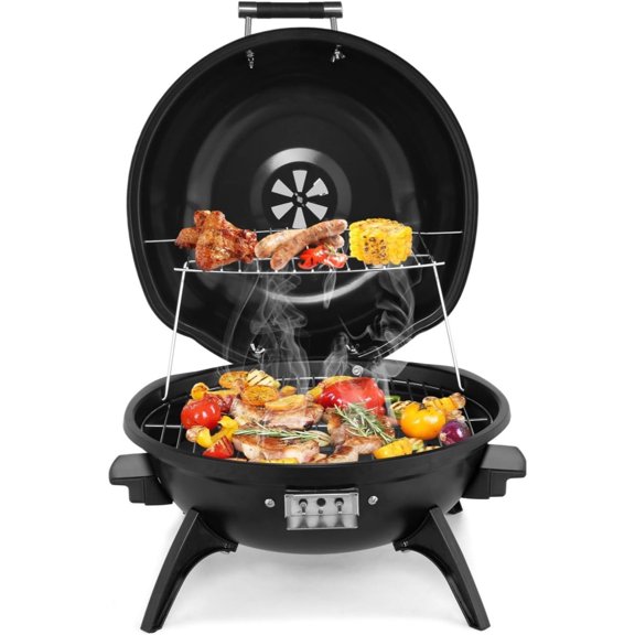 TopComfy 1600W Vertical Electric Grill with Lid, 304 Stainless Steel Grill w/Detachable Pull-out Drip Tray, Double Layer Design, Portable & Removable