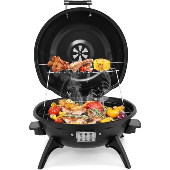 TopComfy 1600W Vertical Electric Grill with Lid, 304 Stainless Steel Grill w/Detachable Pull-out Drip Tray, Double Layer Design, Portable & Removable
