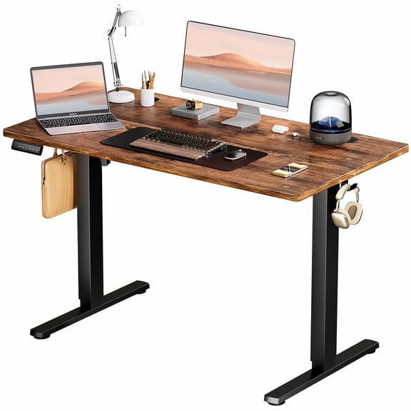 TOPCOMFY Ergonomic Adjustable Desk with T-Shaped Metal Frame, Wooden Desktop for Home Office, 48'' x 24", Brown