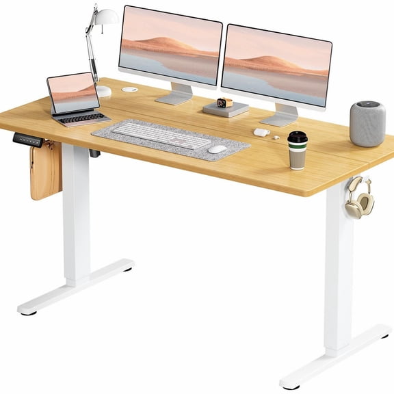 TOPCOMFY Ergonomic Adjustable Desk with T-Shaped Metal Frame, Wooden Desktop for Home Office, 55'' x 24", Beige