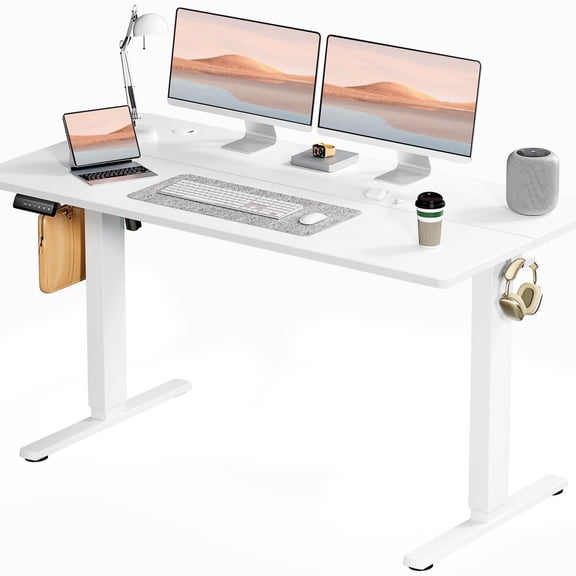 TOPCOMFY Ergonomic Adjustable Desk with T-Shaped Metal Frame, Wooden Desktop for Home Office, 55'' x 24", White