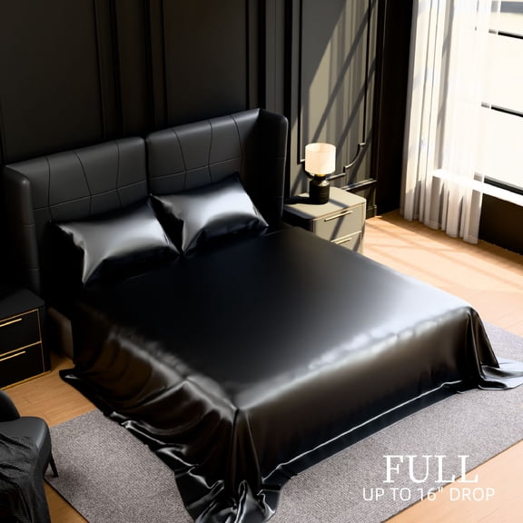 TOPCOMFY Full Bed Sheets Set, 4 Piece, Silky Satin, 15 Inch Deep Pocket, Fade and Wrinkle Resistant, Easy Care, Black