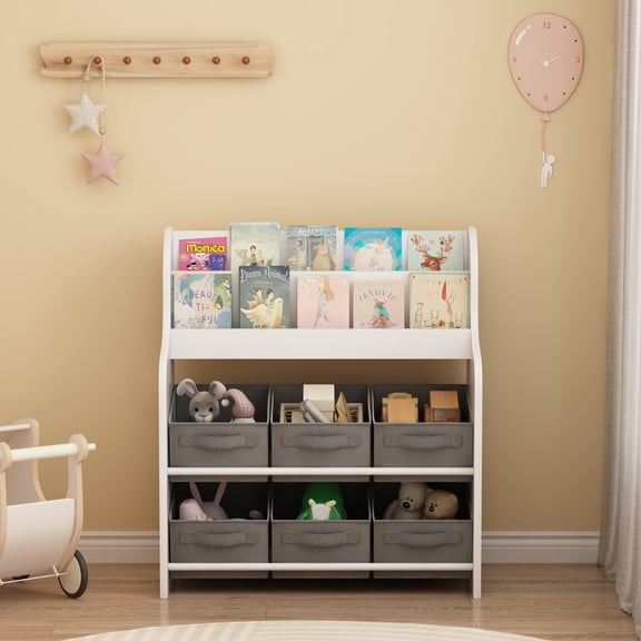 TOPCOMFY Kids Bookcase 6-Fabric Storage Bins Display Shelf for Playroom White