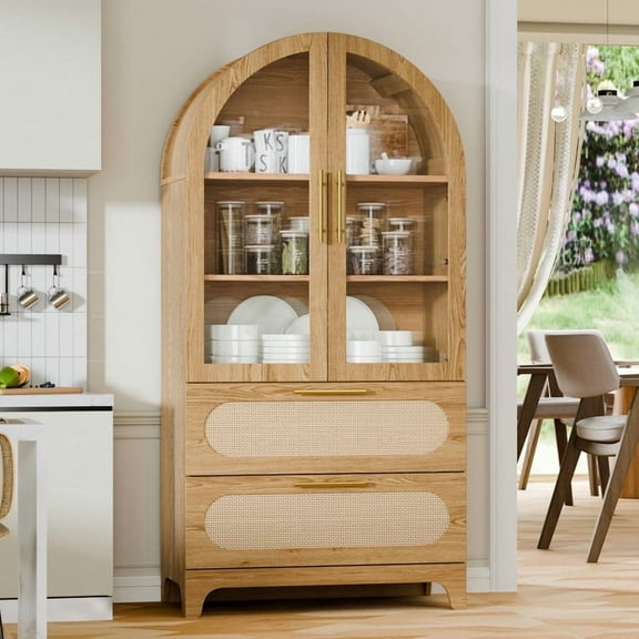 TOPCOMFY Modern Arched Storage Cabinet - Rattan Drawers & Glass Doors, 3-Tier Hutch w/ Easy Assembly - Natural -