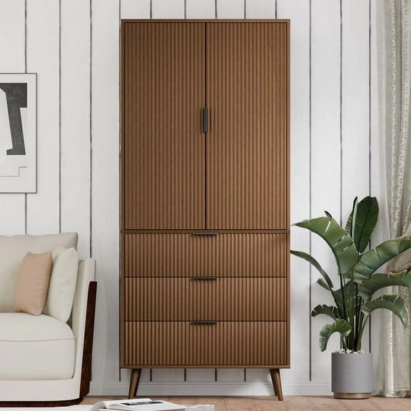 TOPCOMFY Modern Pantry Cabinet with 3 Drawers 2 Doors, Kitchen Storage Cupboard for Organization with Adjustable Shelves & Fluted Panel Design- Walnut