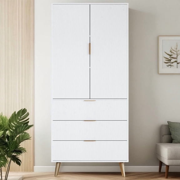 TOPCOMFY Modern Pantry Cabinet with 3 Drawers 2 Doors, Kitchen Storage Cupboard for Organization with Adjustable Shelves & Fluted Panel Design-White