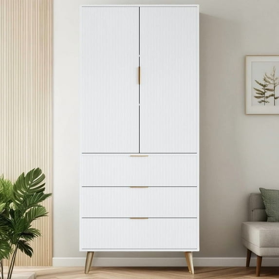TOPCOMFY Modern Pantry Cabinet with 3 Drawers 2 Doors, Kitchen Storage Cupboard for Organization with Adjustable Shelves & Fluted Panel Design-White