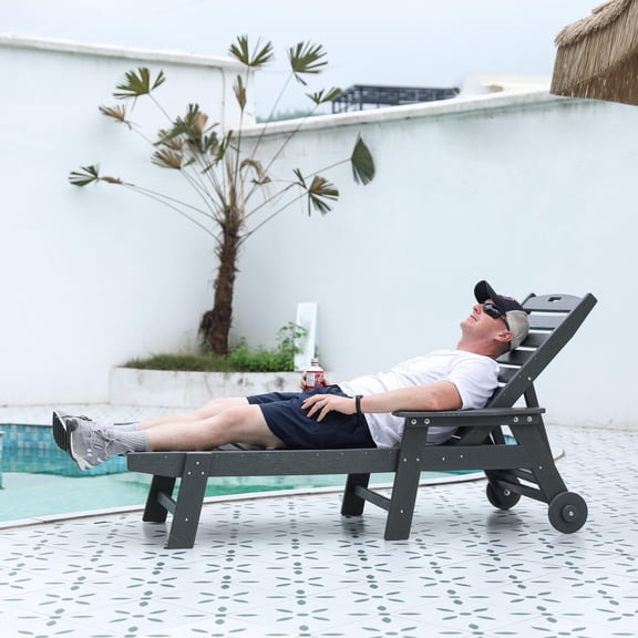 TopComfy Outdoor Chaise Lounge Chair Oversized 5-Position Adjustable HDPE with Wheels Cup Holder Wood Texture Patio Pool Deck Gray
