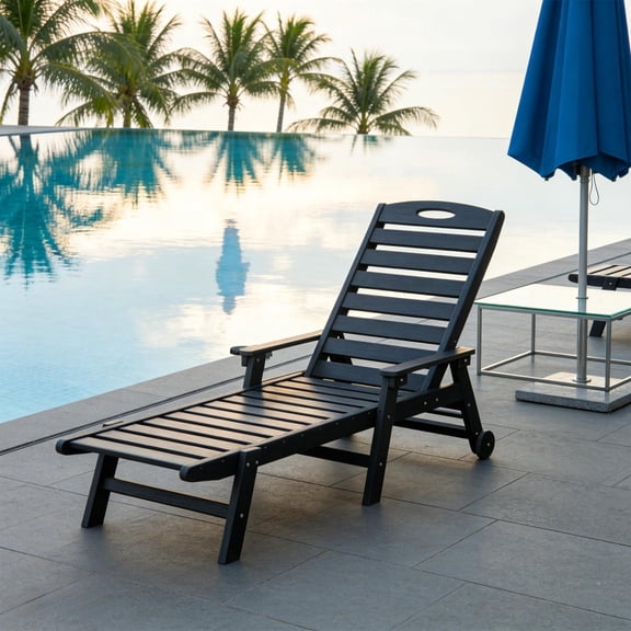 TOPCOMFY Outdoor Chaise Lounge Chair Reclining HDPE Patio Poolside Sunbathing Backyard Black