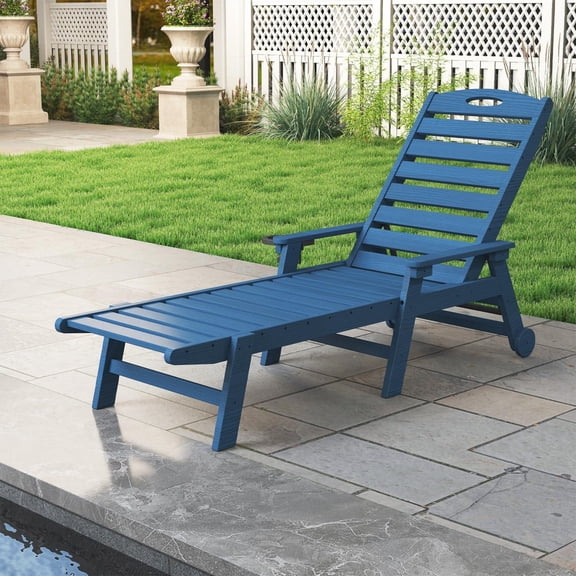 TOPCOMFY Outdoor Chaise Lounge Chair Reclining HDPE Patio Poolside Sunbathing Backyard Blue