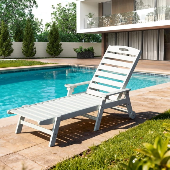 TOPCOMFY Outdoor Chaise Lounge Chair Reclining HDPE Patio Poolside Sunbathing Backyard White