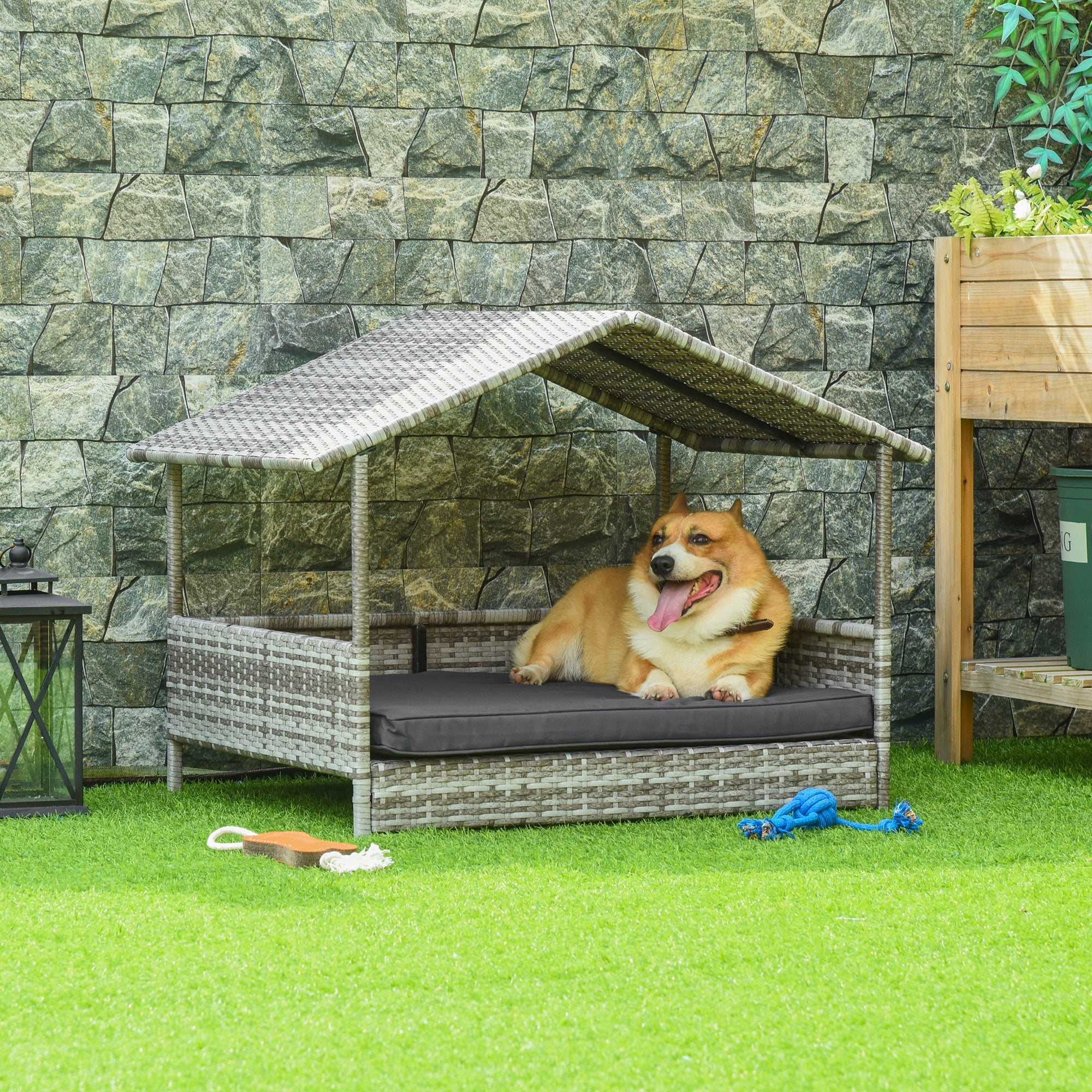 TOPCOMFY Outdoor Wicker Dog House with Canopy Removable Water Resistant Cushion PE Rattan Elevated Indoor Outdoor Pet Bed Cream