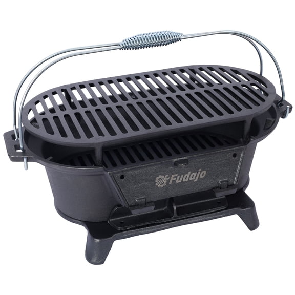 TOPCOMFY Oval Cast Iron Grill, Portable Charcoal Grill and Tabletop Skillet, Enameled, Durable, Heat Retention for Camping, BBQ, Tailgating, Outdoor Cooking