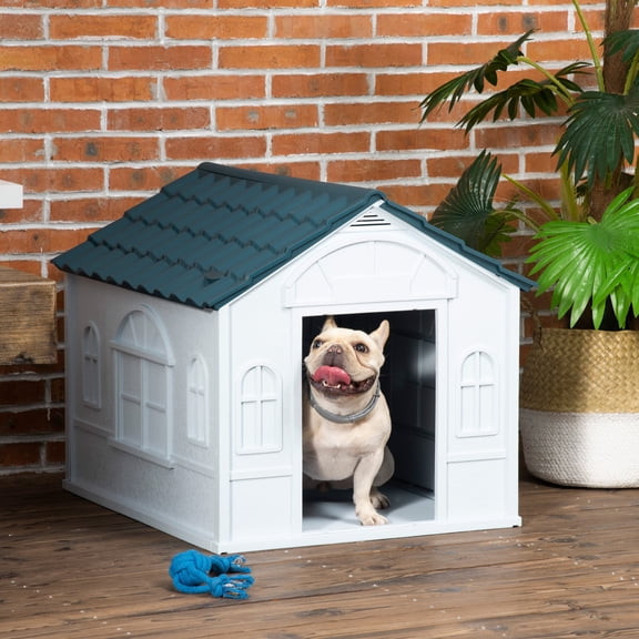 TOPCOMFY Plastic Dog House Water Resistant Door Easy Assembly Indoor Outdoor Puppy Shelter Blue