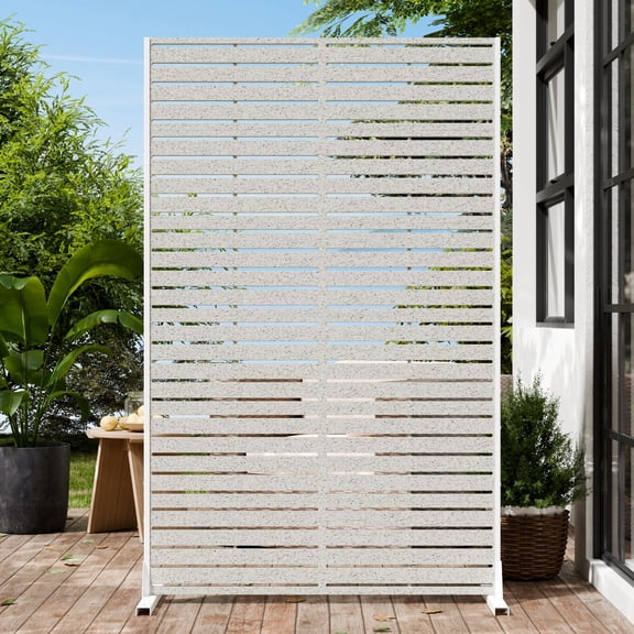 TopComfy Privacy Screen Outdoor 72" Hx47 W Freestanding Privacy Panel with Stand, HDPE Decorative Privacy Fence with Sandblasting Louver Pattern, Beige Sand