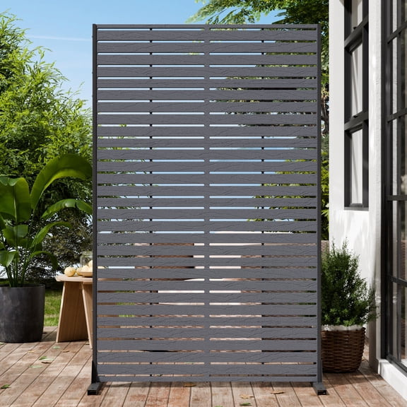 TopComfy Privacy Screen Outdoor 72" Hx47 W Freestanding Privacy Panel with Stand, HDPE Decorative Privacy Fence with Sandblasting Louver Pattern, Light Gray Sand