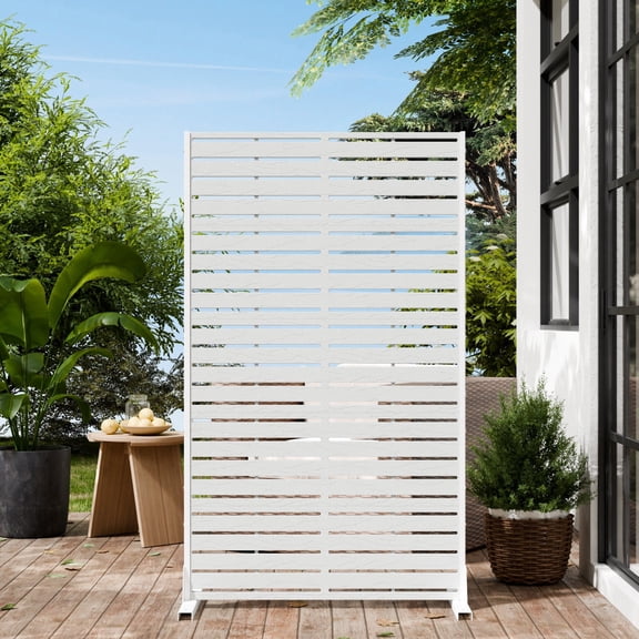 TOPCOMFY Privacy Screen Outdoor 72" Hx47 W Freestanding Privacy Panel with Stand, HDPE Decorative Privacy Fence with Sandblasting Louver Pattern, White Sand