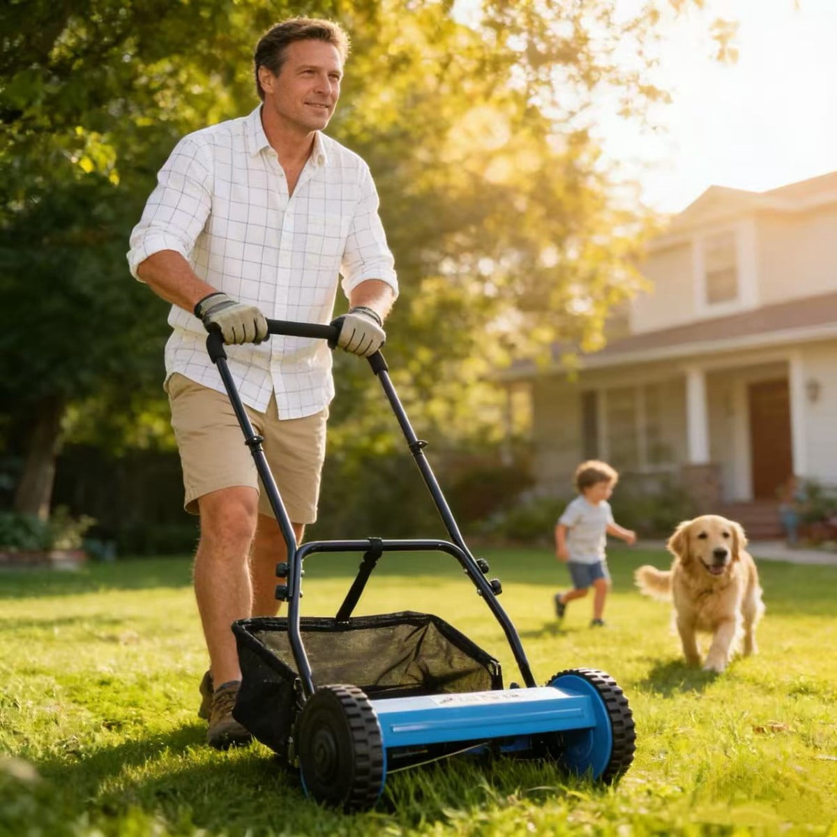 TOPCOMFY Push Reel Lawn Mower 5-Blade Scissor Action Adjustable Height Alloy Steel Blades Polymer Wheels with Grass Catcher for Lawn