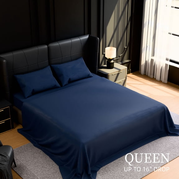 TOPCOMFY Queen Bed Sheets Set, 4 Piece, Ultra-Soft Brushed Microfiber, 14 Inch Deep Pocket, Fade and Wrinkle Resistant, Easy Care, Navy Blue