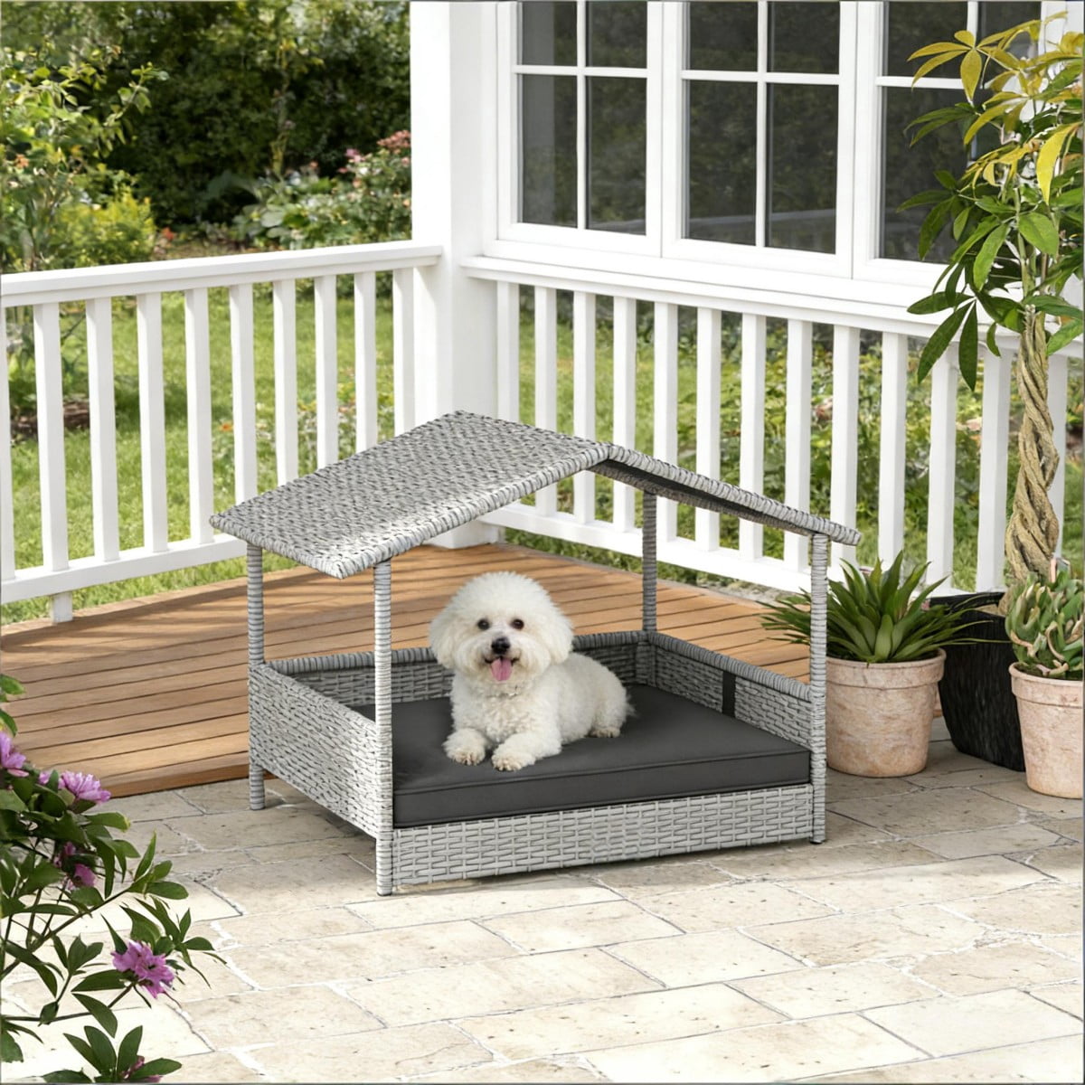 TOPCOMFY Rattan Dog House with Canopy Elevated Base Removable Cushion Weather Resistant Outdoor Indoor Pet Shelter