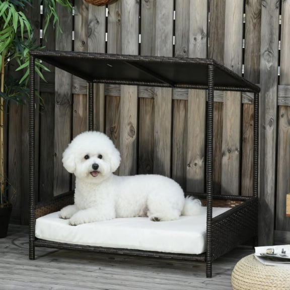 TOPCOMFY Rattan Dog House with Canopy Elevated Base Removable Cushion Wicker Indoor Outdoor Pet Bed