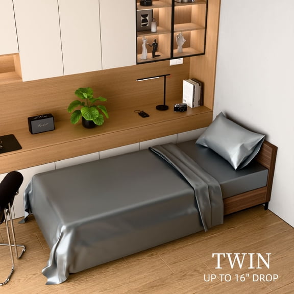 TOPCOMFY Satin Bed Sheets Set, 3 Piece Silky Bedding, 15 Inches Deep Pocket, Twin, Gray