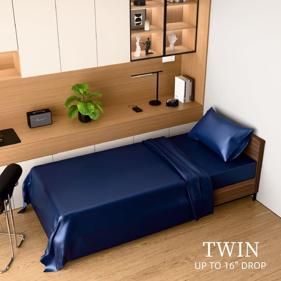 TOPCOMFY Satin Bed Sheets Set, 3 Piece Silky Bedding, 15 Inches Deep Pocket, Twin, Navy Blue