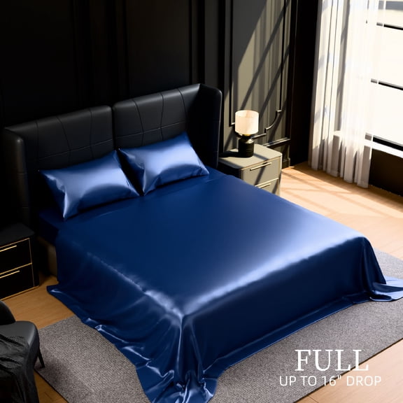 TOPCOMFY Satin Bed Sheets Set, 4 Piece, Silky Smooth, 15-Inch Deep Pocket, Easy Care, Navy Blue