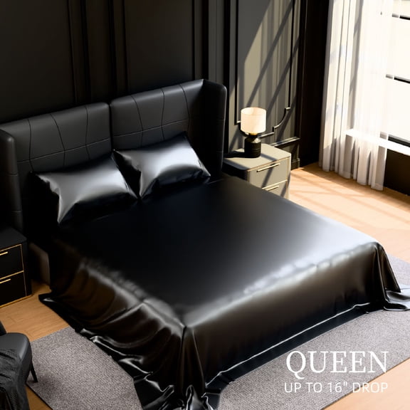 TOPCOMFY Satin Bed Sheets Set, 4 Piece, Silky Smooth, 15-Inch Deep Pocket, Easy Care, Queen, Black
