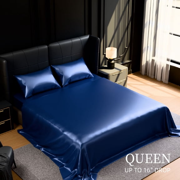 TOPCOMFY Satin Bed Sheets Set, 4 Piece, Silky Smooth, 15-Inch Deep Pocket, Easy Care, Queen, Navy Blue
