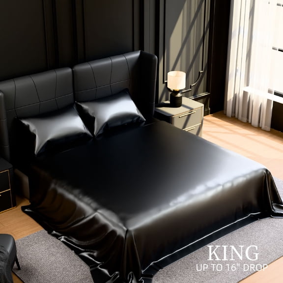 TOPCOMFY Satin Bed Sheets Set, 4 Piece, Silky Smooth, 15-Inch Deep Pocket, King, Black