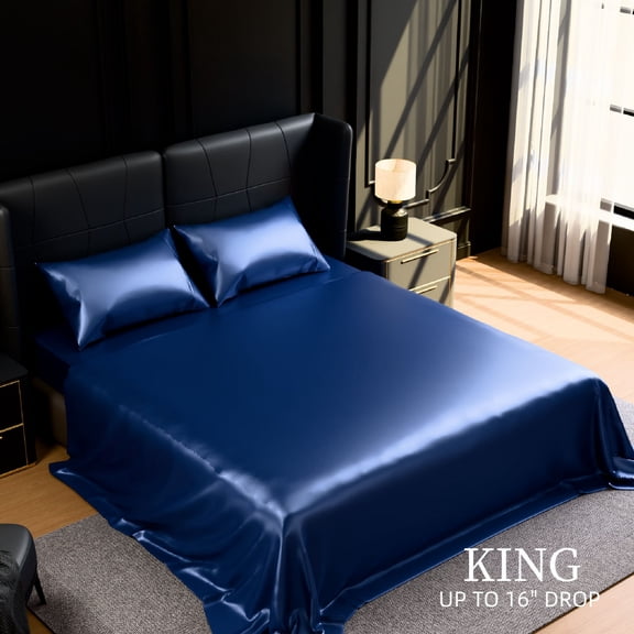 TOPCOMFY Satin Bed Sheets Set, 4 Piece, Silky Smooth, 15-Inch Deep Pocket, King, Navy Blue