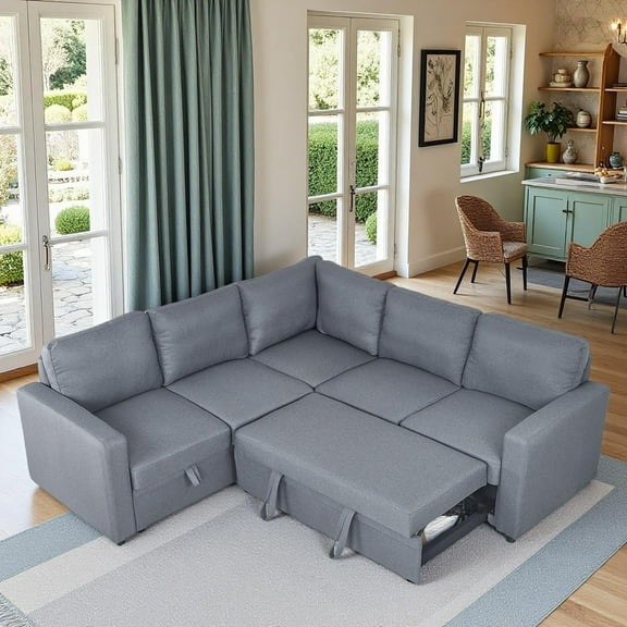 TOPCOMFY Sleeper Sofa Bed, Modular Sectional Couch with Pull Out Bed, L Shaped Sectional Convertible SofaBed with Storage Seat, for Living Room Apartment Bedroom Office Gray Linen