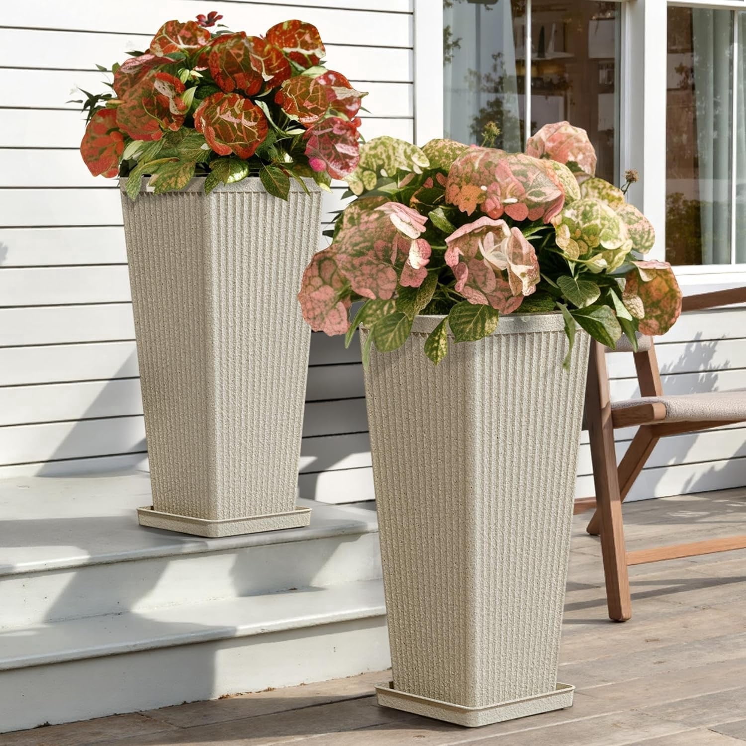 TOPCOMFY Tall Planters for Outdoor Plants Set of 2, 23.6" Modern Tapered Indoor Flower Pots with Drainage Holes/Partition/Tray for Porch Patio Garden, Beige