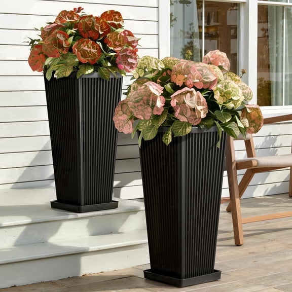 TopComfy Tall Planters for Outdoor Plants Set of 2, 23.6" Modern Tapered Indoor Flower Pots with Drainage Holes/Partition/Tray for Porch Patio Garden, Black