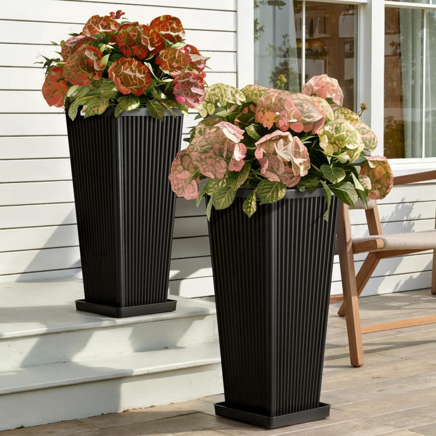 TOPCOMFY Tall Planters for Outdoor Plants Set of 2, 23.6" Modern Tapered Indoor Flower Pots with Drainage Holes/Partition/Tray for Porch Patio Garden, Black