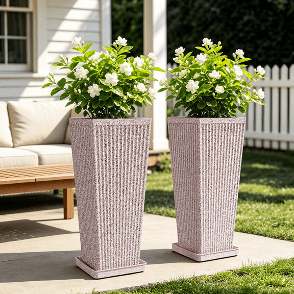 TOPCOMFY Tall Planters for Outdoor Plants Set of 2, 23.6" Modern Tapered Indoor Flower Pots with Drainage Holes/Partition/Tray for Porch Patio Garden, Brown