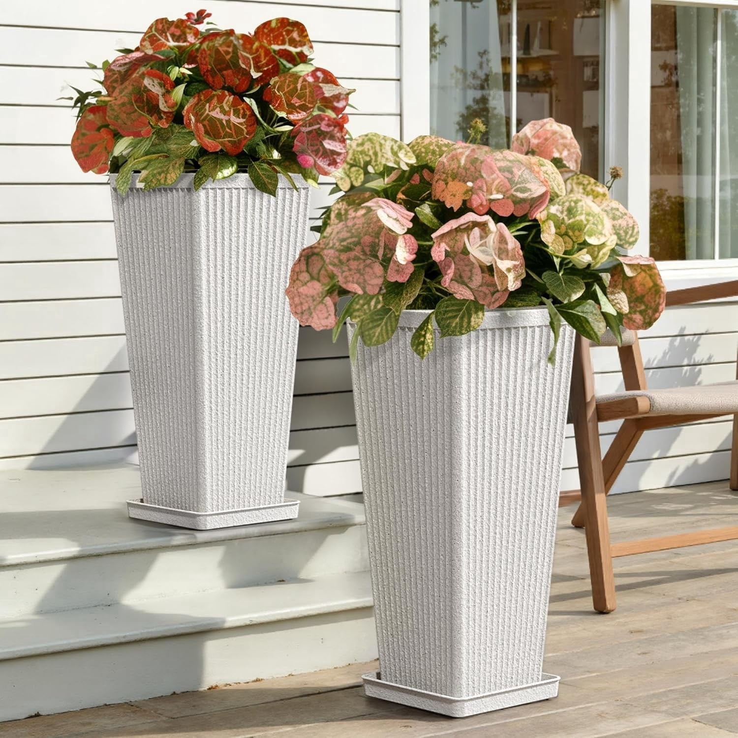 TOPCOMFY Tall Planters for Outdoor Plants Set of 2, 23.6" Modern Tapered Indoor Flower Pots with Drainage Holes/Partition/Tray for Porch Patio Garden, White