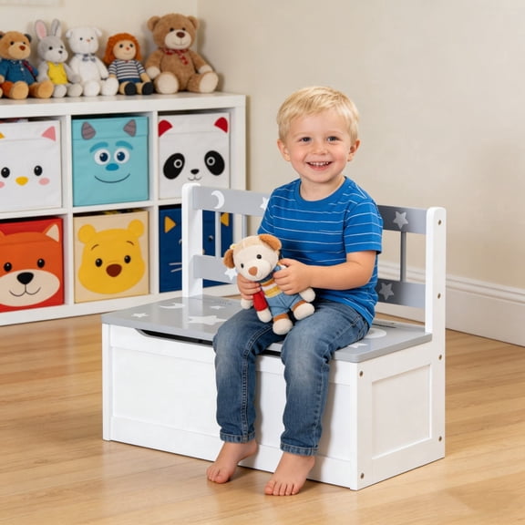TOPCOMFY Toy Box Storage Bench with Large Interior for Kids Playroom Bedroom Gray