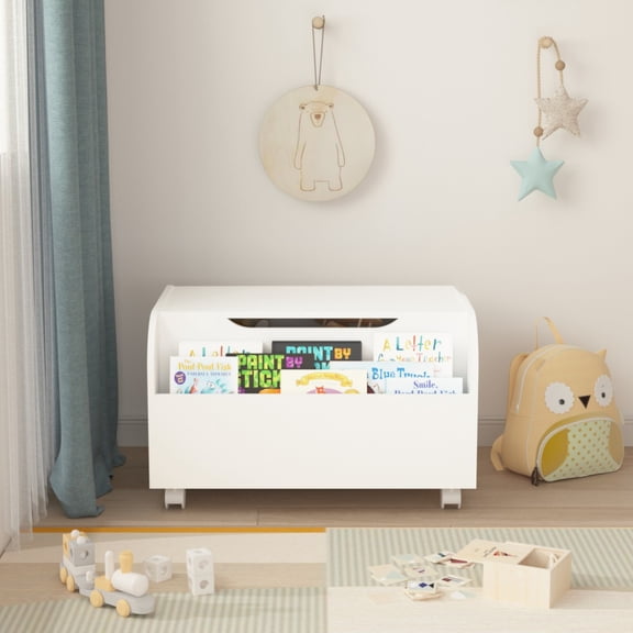 TOPCOMFY Toy Box with Front Bookshelf Safety Hinge MDF for Playroom White