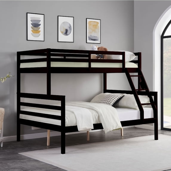 TOPCOMFY Twin Over Full Bunk Bed with Ladder, Wooden Frame, High Guardrail, No Box Spring Needed, Space-Saving, Espresso