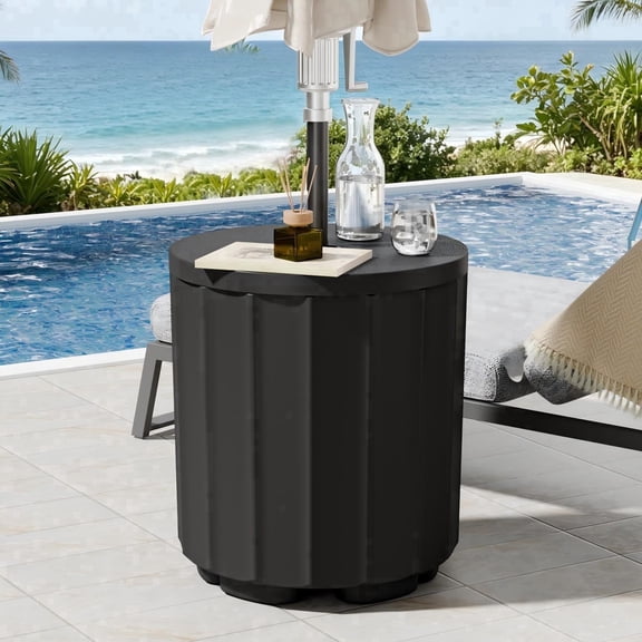 TopComfy Patio Umbrella Table with Hole, Small Outdoor Side Table with 1.5" Umbrella Hole & Water-Fill Base, Patio Free-Standing Umbrella Table with Hole for Deck, Black