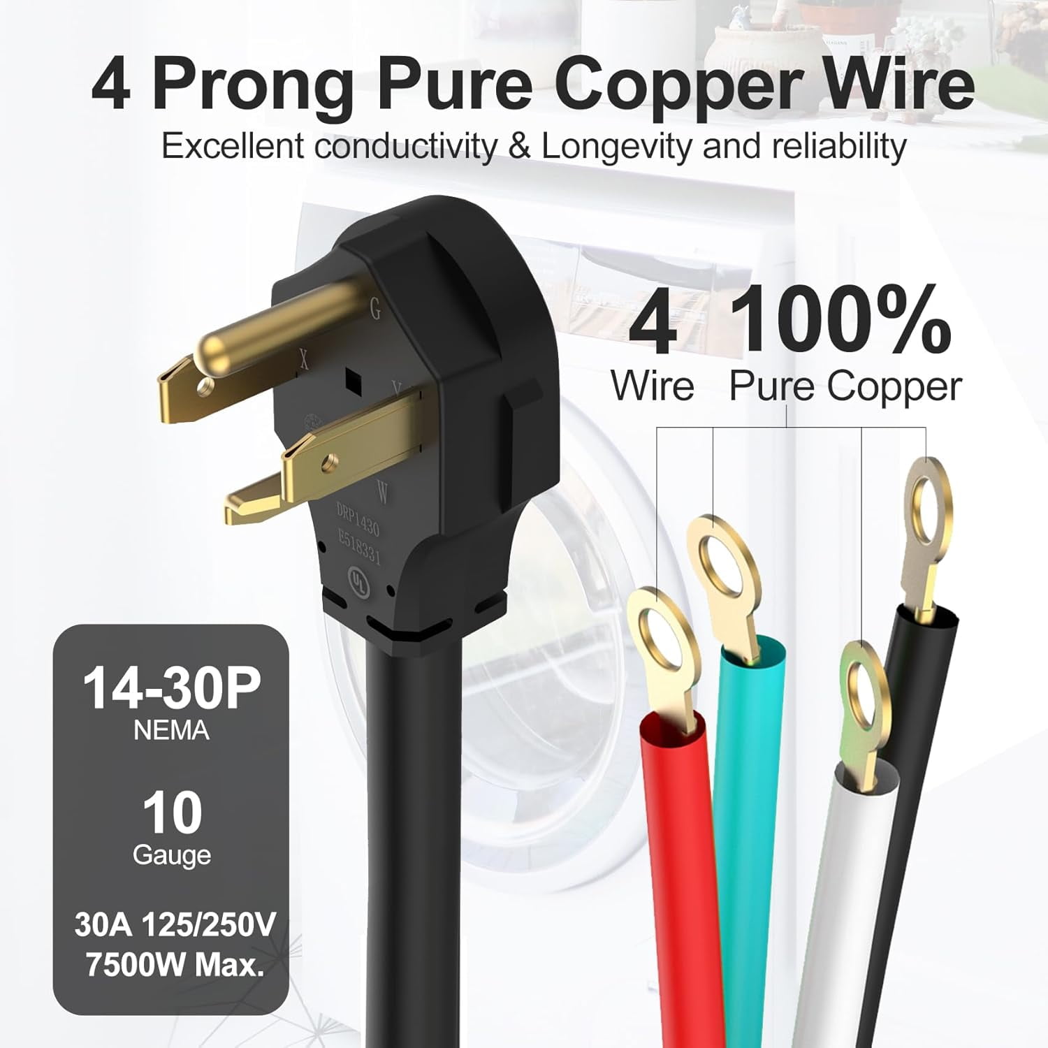 TOPDC 4 Prong Dryer Cord, 30 AMP Appliance Power Cord 10 Feet, TD-DR41010