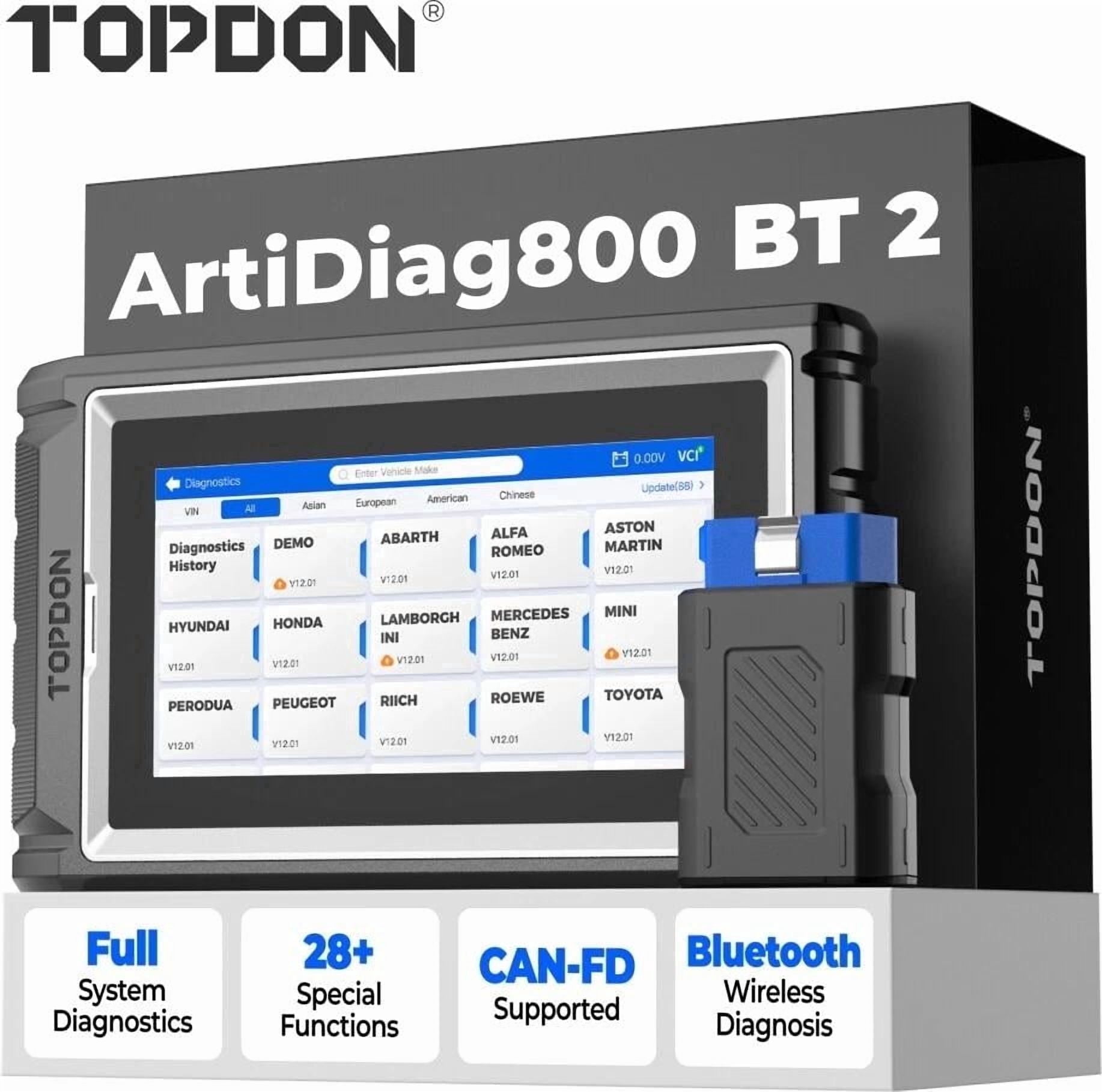 TOPDON OBD2 Scanner AD800BT 2, Bidirectional Scan Tool, All System Automotive Diagnostic Scanner, Active Test, 28+ Reset Service, FCA Autoauth, Lifetime Free Updates