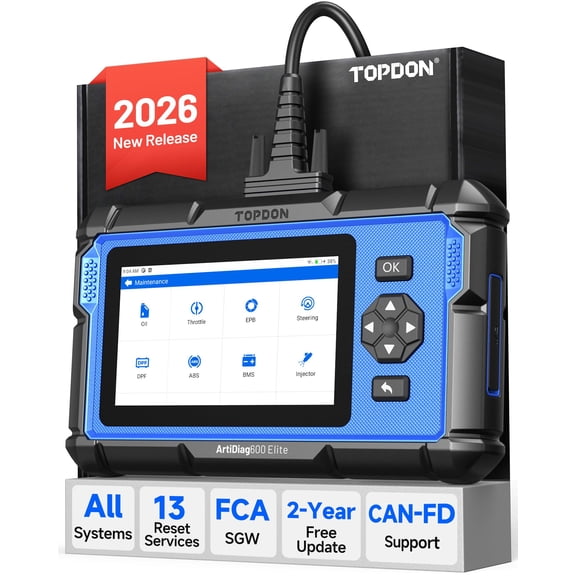TOPDON ArtiDiag600 Elite, OBD2 Scanner, Full-System Car Diagnostic Tool, 13+ Services, FCA AutoAuth, Automotive Scan Tool with CAN-FD, 2-Years Free Updates, Upgraded of AD500 AD600S
