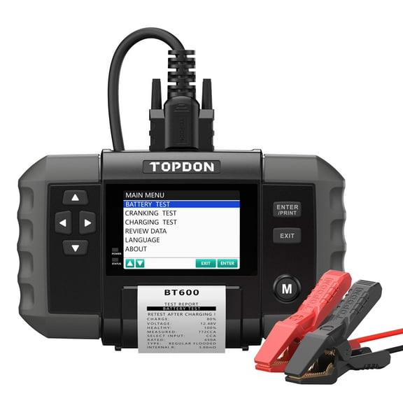 TOPDON BT600 - 12V Battery Tester & 12V/24V System Tester with Built-in Printer, Color Display