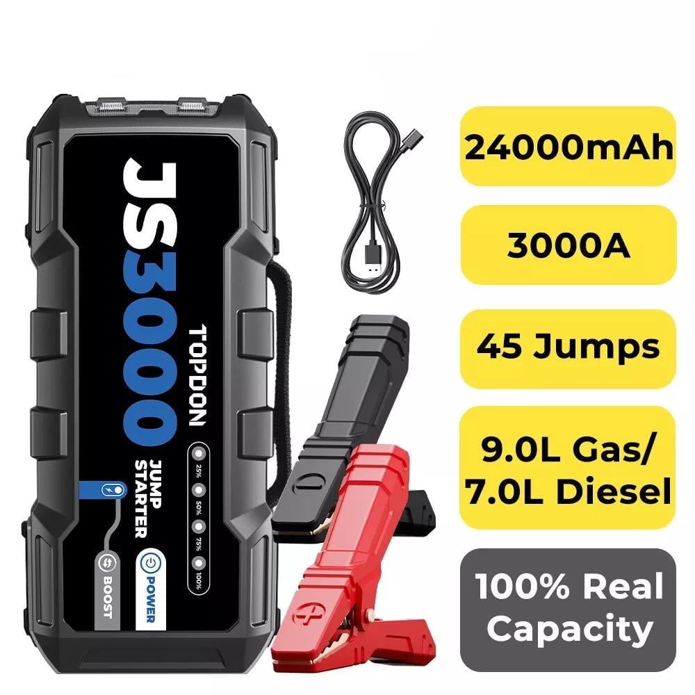TOPDON JS3000 12V 3000A Jump Starter - Battery Booster for 9L Gas & 7L Diesel, Portable Car Battery Charger