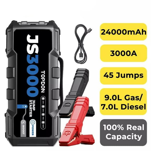 TOPDON JS3000 12V 3000A Jump Starter - Battery Booster for 9L Gas & 7L Diesel, Portable Car Battery Charger