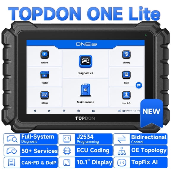 TOPDON 10.1" OBD2 Scanner ONE Lite, One-click ECU C0ding, OE-level topology and TopFix AI, 120+ Brands All System Diagnostics, Supports DoIP, CAN-FD and FCA/Nissan/Renault Gateways