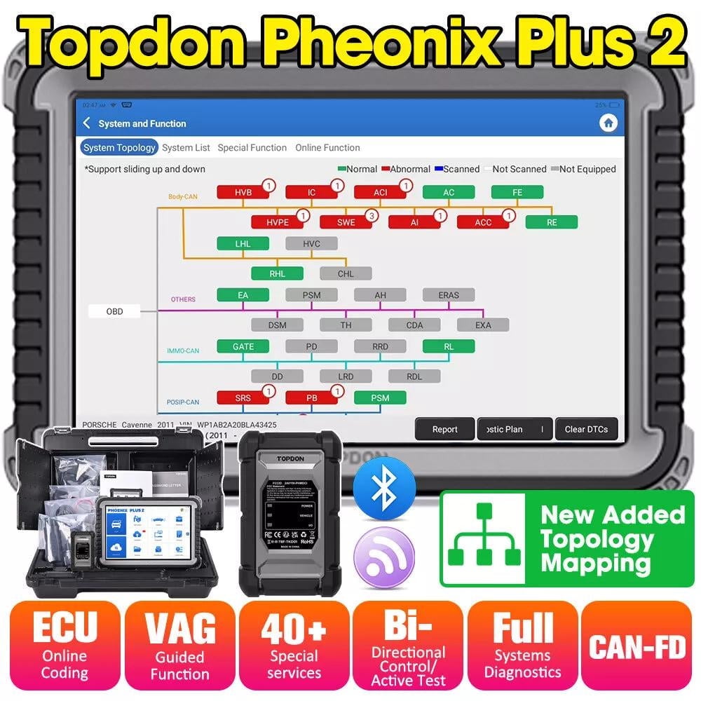 TOPDON Phoenix Plus Car Diagnostic Scan Tool OBD2 Scanner Bi-directional Advanced ECU Coding, Key Programming,35 Reset Services 2 Years Free Update